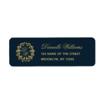 Monogram Navy Blue Gold Wreath Elegante Calligraph
