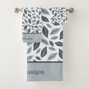 Monogram Navy Blue Gray Blätter Botanisches Gesche Badhandtuch Set