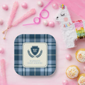 Monogram Navy Blue Kariert Baby Boy Dusche Pappteller (Party)