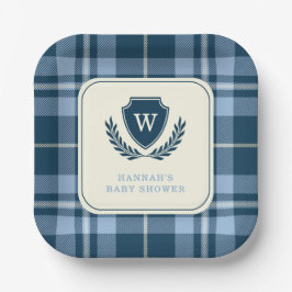 Monogram Navy Blue Kariert Baby Boy Dusche Pappteller