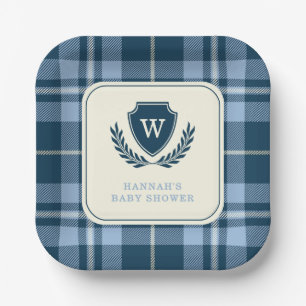 Monogram Navy Blue Kariert Baby Boy Dusche Pappteller