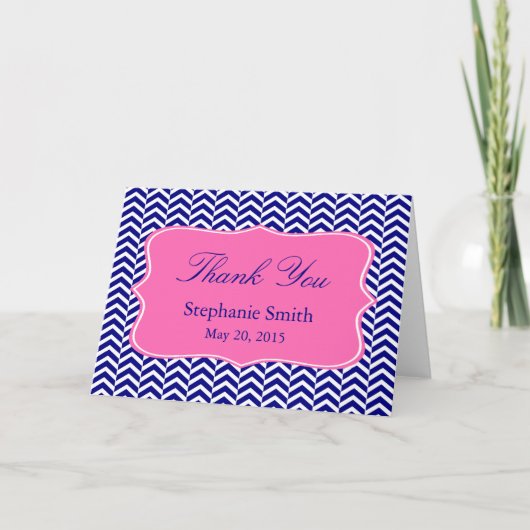 Monogram Navy Blue mit Hot Pink Zickzack Bridal Dankeskarte (Vorderseite)