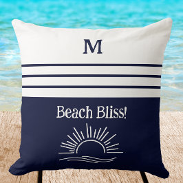 Monogram Navy Blue Nautical Stripes Beach House Kissen