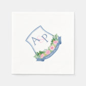 Monogram Navy Blue Pink Roses Wedding Wappen Serviette (Vorderseite)