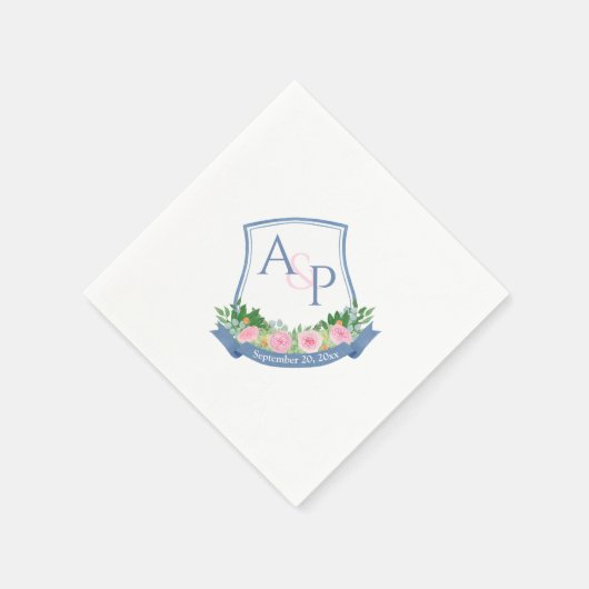 Monogram Navy Blue Pink Roses Wedding Wappen Serviette (Ecke)