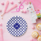 Monogram Navy Blue Quatrefoil Muster Pappteller (Party)