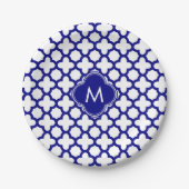 Monogram Navy Blue Quatrefoil Muster Pappteller (Vorderseite)