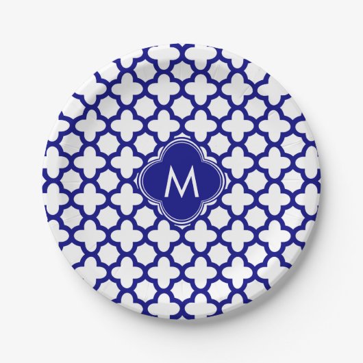 Monogram Navy Blue Quatrefoil Muster Pappteller (Vorderseite)