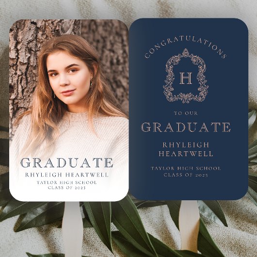 Monogram Navy Blue Rose Foto Abschluss Fächer