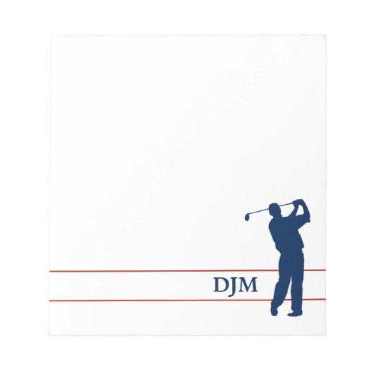 Monogram Navy Blue Silhouette Golfer Notizblock (Vorderseite)