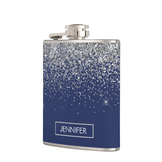 Monogram Navy Blue Silver Glam Glitzer Flachmann (Links)