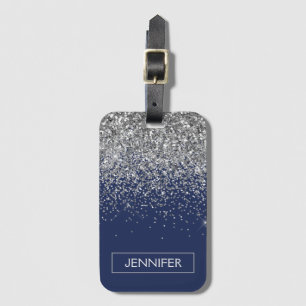 Monogram Navy Blue Silver Glam Glitzer Gepäckanhänger