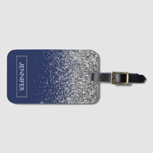 Monogram Navy Blue Silver Glam Glitzer Gepäckanhänger (Vorderseite (Horizontal))