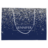 Monogram Navy Blue Silver Glam Glitzer Große Geschenktüte (Rückseite)