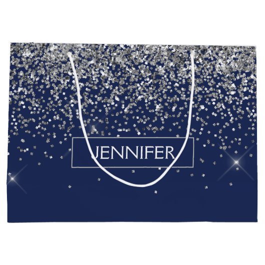 Monogram Navy Blue Silver Glam Glitzer Große Geschenktüte (Rückseite)