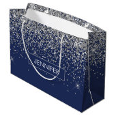 Monogram Navy Blue Silver Glam Glitzer Große Geschenktüte (Rückseite Schrägansicht)