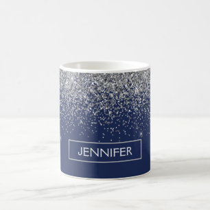 Monogram Navy Blue Silver Glam Glitzer Kaffeetasse