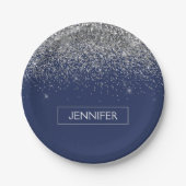 Monogram Navy Blue Silver Glam Glitzer Pappteller (Vorderseite)