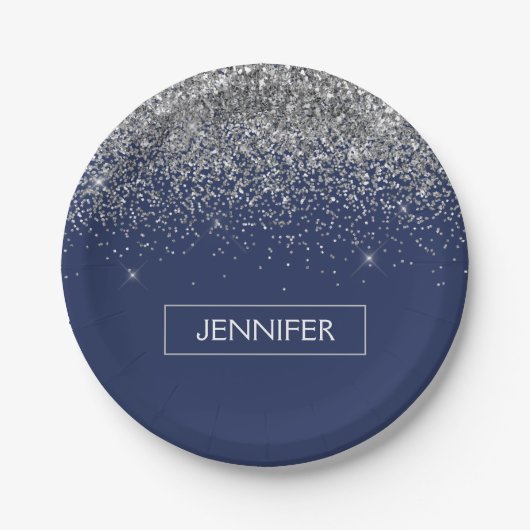 Monogram Navy Blue Silver Glam Glitzer Pappteller (Vorderseite)