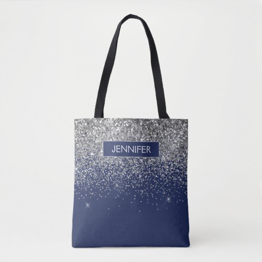Monogram Navy Blue Silver Glam Glitzer Tasche (Vorderseite)