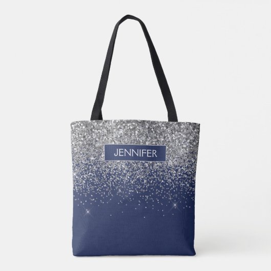 Monogram Navy Blue Silver Glam Glitzer Tasche (Rückseite)