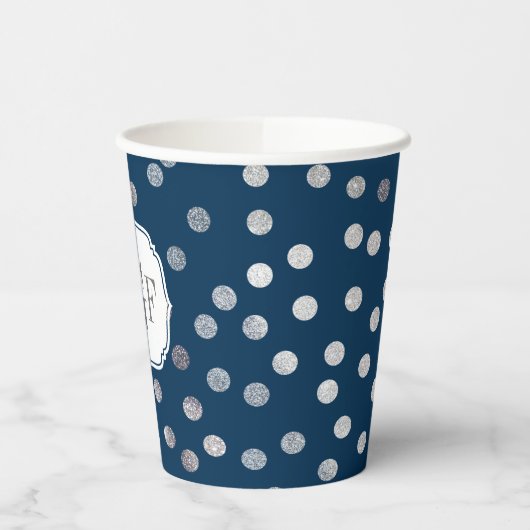 Monogram Navy Blue Silver Glitzer Dot Pattern Pappbecher (Links)