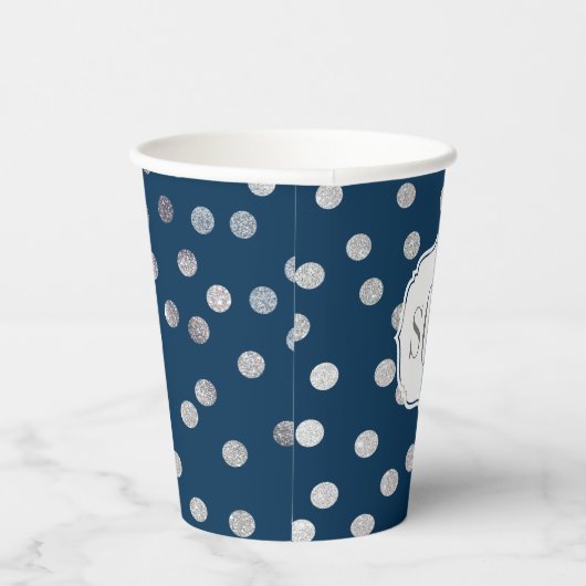 Monogram Navy Blue Silver Glitzer Dot Pattern Pappbecher (Rechts)