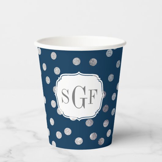 Monogram Navy Blue Silver Glitzer Dot Pattern Pappbecher (Vorderseite)