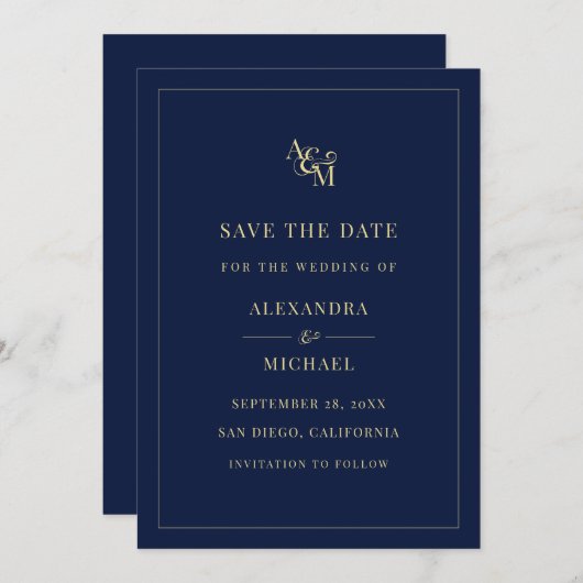 Monogram Navy Blue Simple Elegant Moderne Hochzeit Save The Date (Vorne/Hinten)