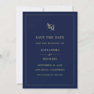 Monogram Navy Blue Simple Elegant Moderne Hochzeit Save The Date
