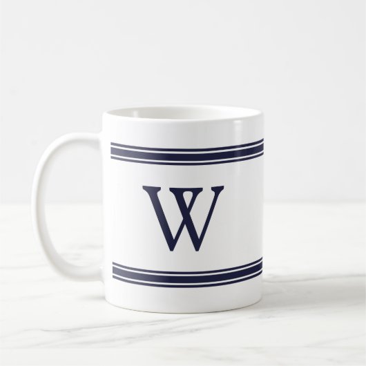 Monogram Navy Blue Stricking personalisierte Mug Kaffeetasse (Links)