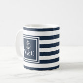 Monogram Navy Blue Strip Nautical Boat Anker Kaffeetasse (Vorderseite Links)