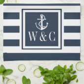 Monogram Navy Blue Stripe Nautical Anchor Geschirrtuch (Gefaltet)