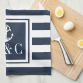 Monogram Navy Blue Stripe Nautical Anchor Geschirrtuch (Viertel Falte)