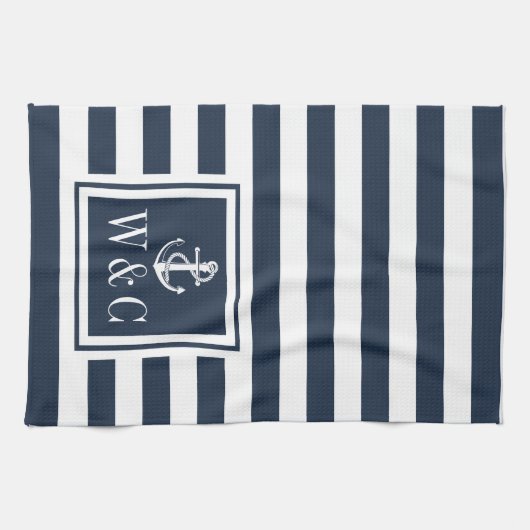 Monogram Navy Blue Stripe Nautical Anchor Geschirrtuch (Horizontal)