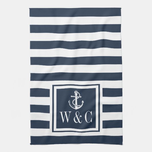 Monogram Navy Blue Stripe Nautical Anchor Geschirrtuch (Vertikal)