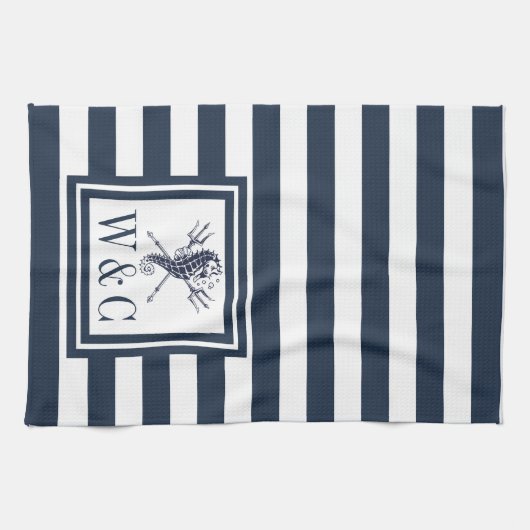 Monogram Navy Blue Stripe Seepferd Nautic Geschirrtuch (Horizontal)