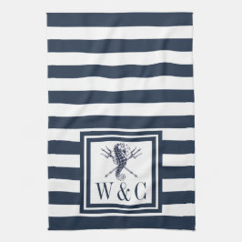Monogram Navy Blue Stripe Seepferd Nautic Geschirrtuch