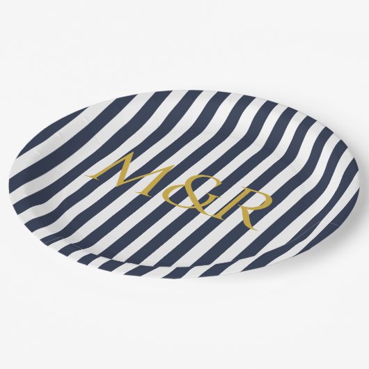Monogram Navy Blue Stripes Stripte Jubiläum Pappteller (Schrägansicht)