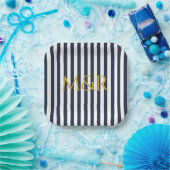Monogram Navy Blue Stripes Stripte Jubiläum Pappteller (Party)