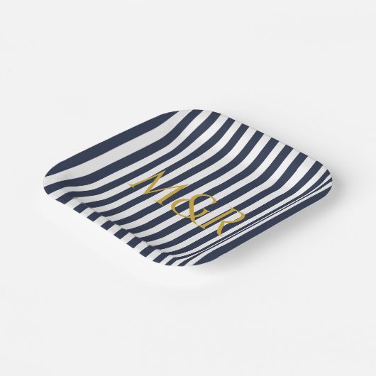 Monogram Navy Blue Stripes Stripte Jubiläum Pappteller (Gewinkelt)