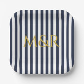 Monogram Navy Blue Stripes Stripte Jubiläum Pappteller (Vorderseite)