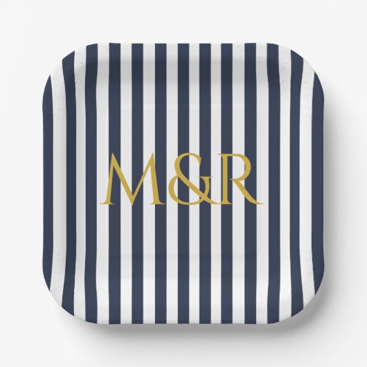 Monogram Navy Blue Stripes Stripte Jubiläum Pappteller (Vorderseite)