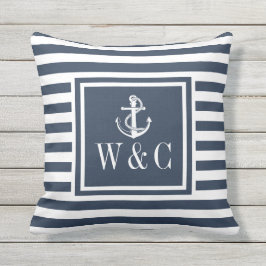 Monogram Navy Blue Striping Nautical Anchor Kissen