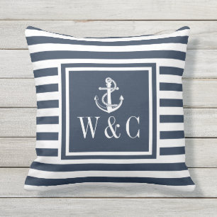 Monogram Navy Blue Striping Nautical Anchor Kissen