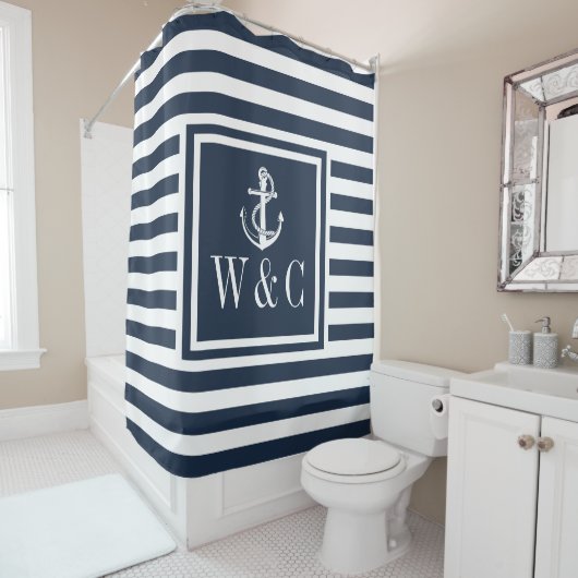 Monogram Navy Blue Striping Nautical Boat Anker Duschvorhang (Beispiel)