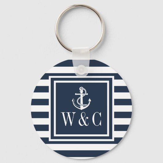 Monogram Navy Blue Striping Nautical Boat Anker Schlüsselanhänger (Vorderseite)