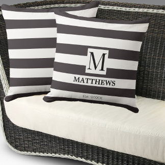 Monogram Navy Blue Strips Familienname Beach House Kissen