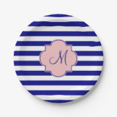 Monogram Navy Blue und Baby Pink Strickmuster Pappteller (Vorderseite)