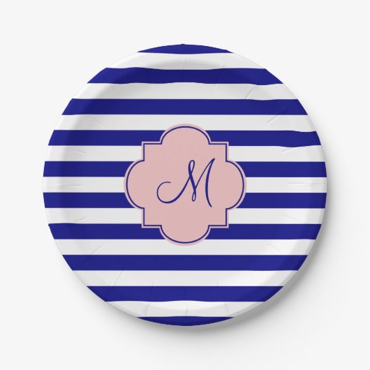 Monogram Navy Blue und Baby Pink Strickmuster Pappteller (Vorderseite)